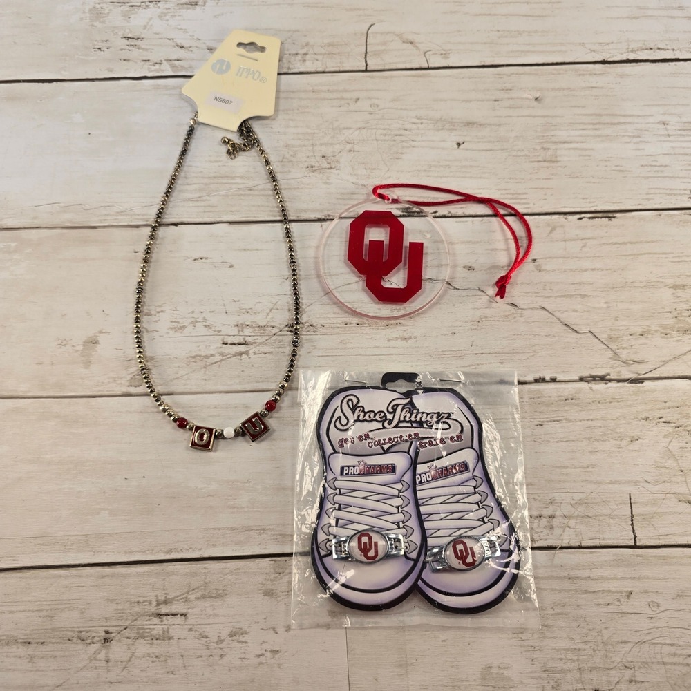 Oklahoma Sooners OU Fan Bundle Necklace Shoe Charms and Ornament Set Red White